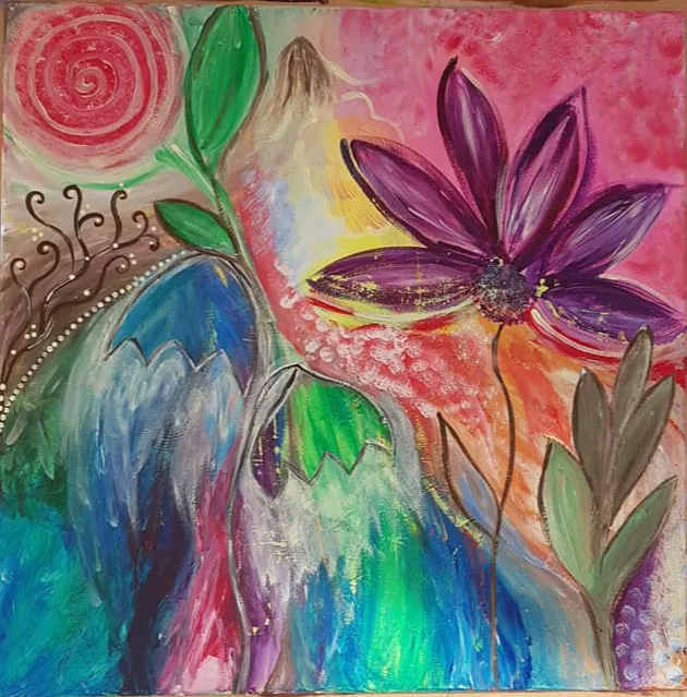 Farbenfrohes Acrylbild mit großer lila Blüte