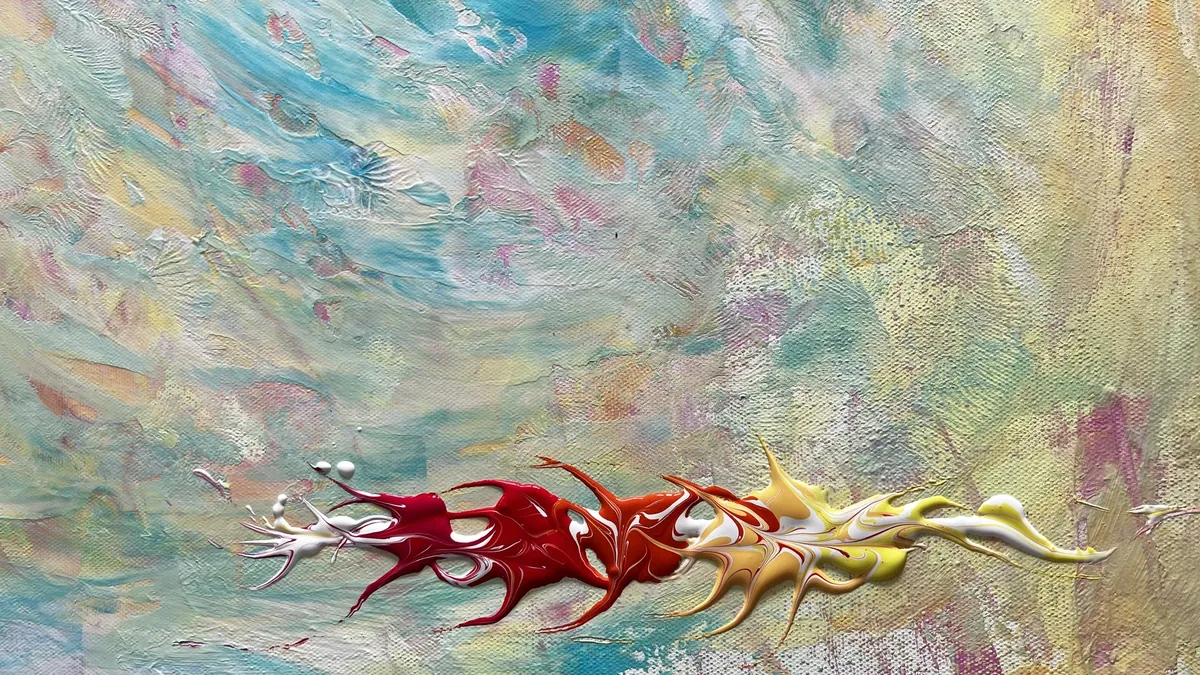 Intuitives Acrylbild in Pastelltönen mit roter Form