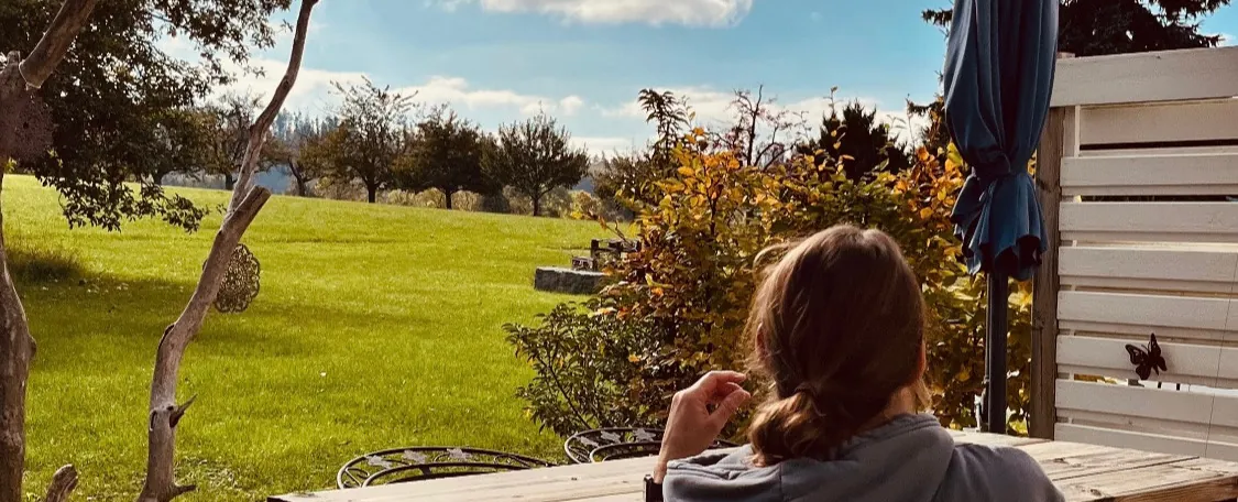 Blick von der Terrasse in den Garten mit Wiese und Obstbäumen
